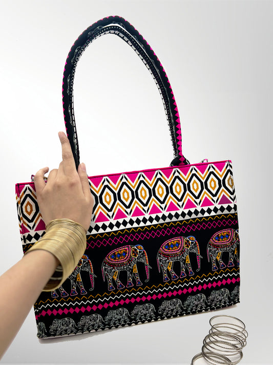 Majestic Elephant Tote | Black & Pink Boho Handbag