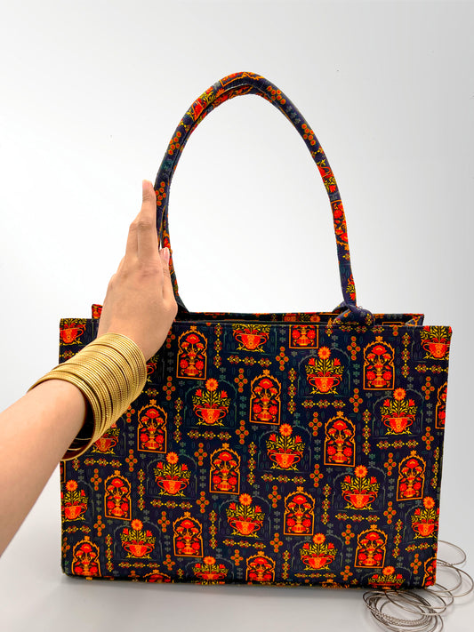 Floral Heritage Tote Bag | Orange & Black Desi Handbag