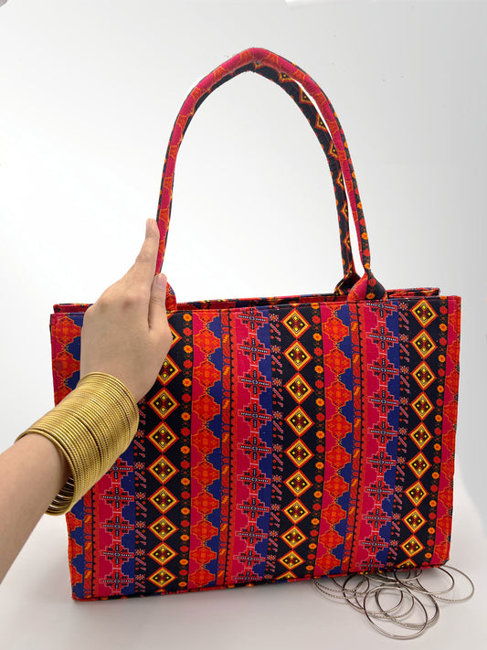 Cultural Chic Tote | Vibrant Red & Blue Design