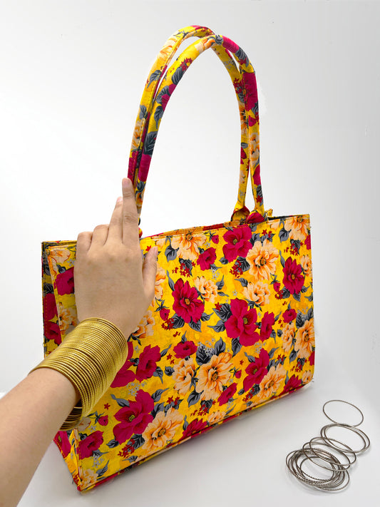 Floral Handbag for Women | Yellow & Pink Desi Tote Bag"